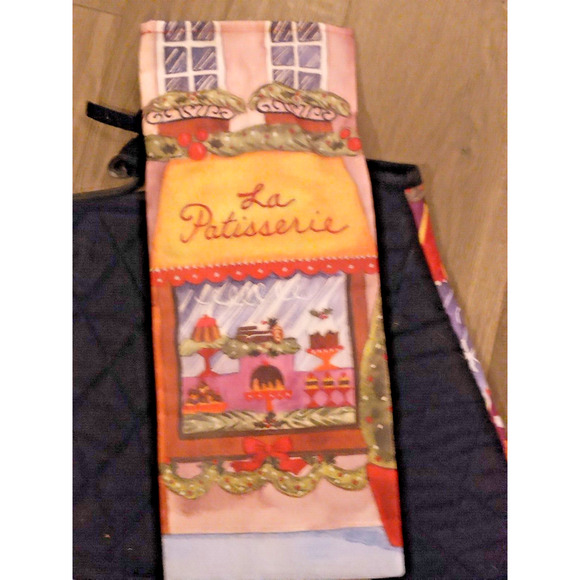J. Brinley La Patisserie Deli Christmas Oven Mitt Trivet Wine Bag 4 Pc Set NWOT - Picture 4 of 5